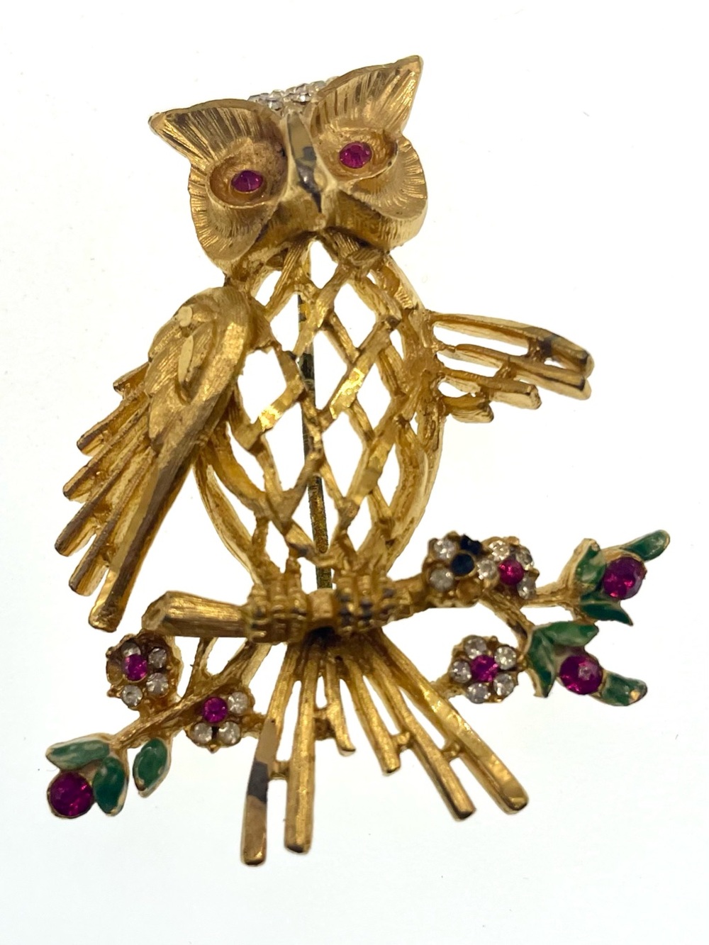 Vintage BSK Owl Among Floral Brooch Rhinestone Accents Enamel 2”
